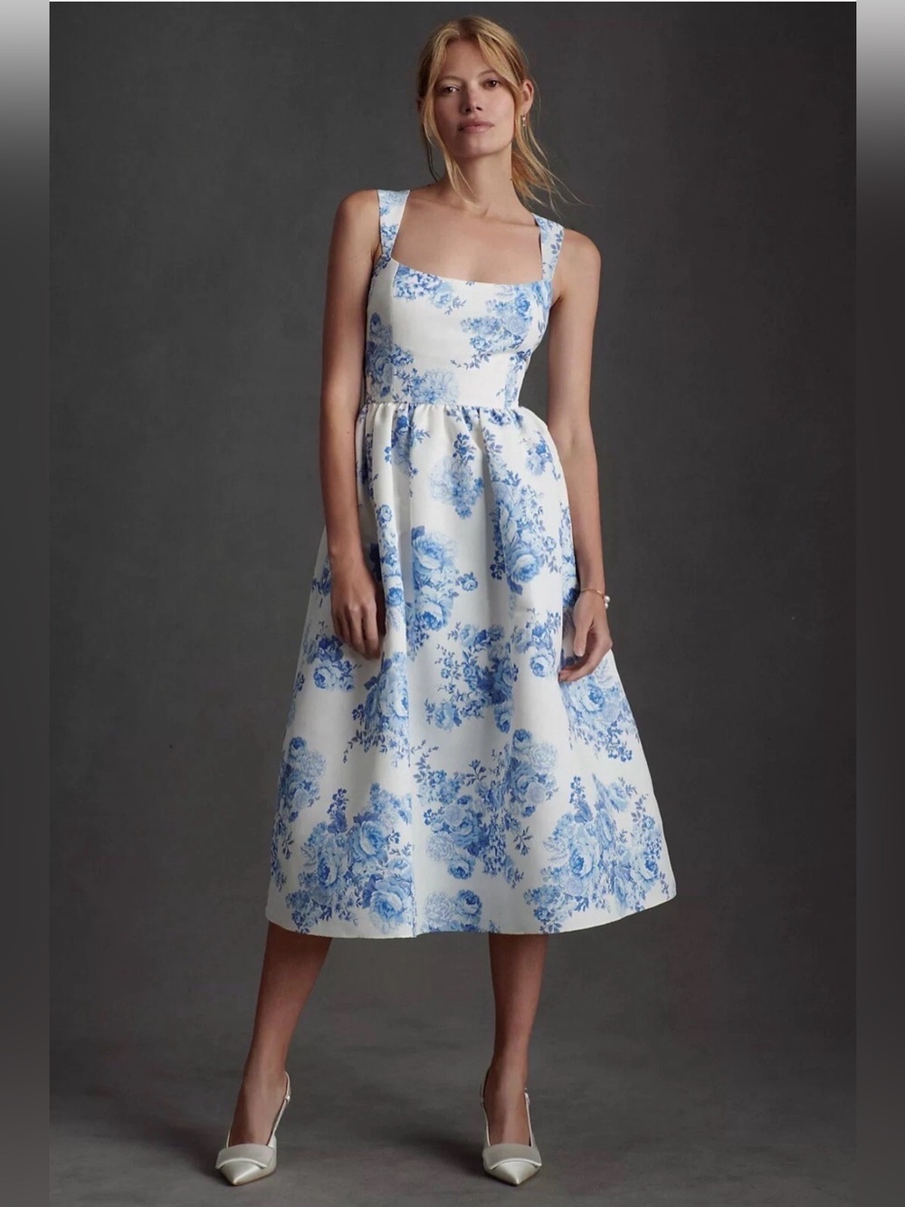 Sachin + Babi Blaine taffetta square neck midi dress in blue chinoiserie 20W
